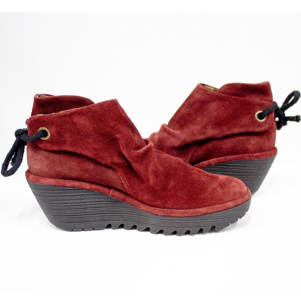 Fly London Women's Yebi Boot Size 8 US/39 EU Red Suede Wedge Platform Booties - Picture 6 of 13